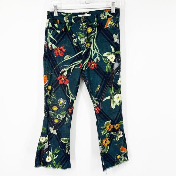 PatBo High Rise Floral Multi-Printed Kick Flare Cropped Jeans Raw Hem - Picture 1 of 8